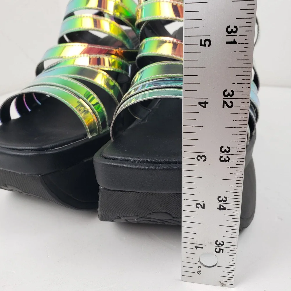 Demonia Womens 9 Holographic Iridescent Multi Strap Platform Wedge Sandal Gothic